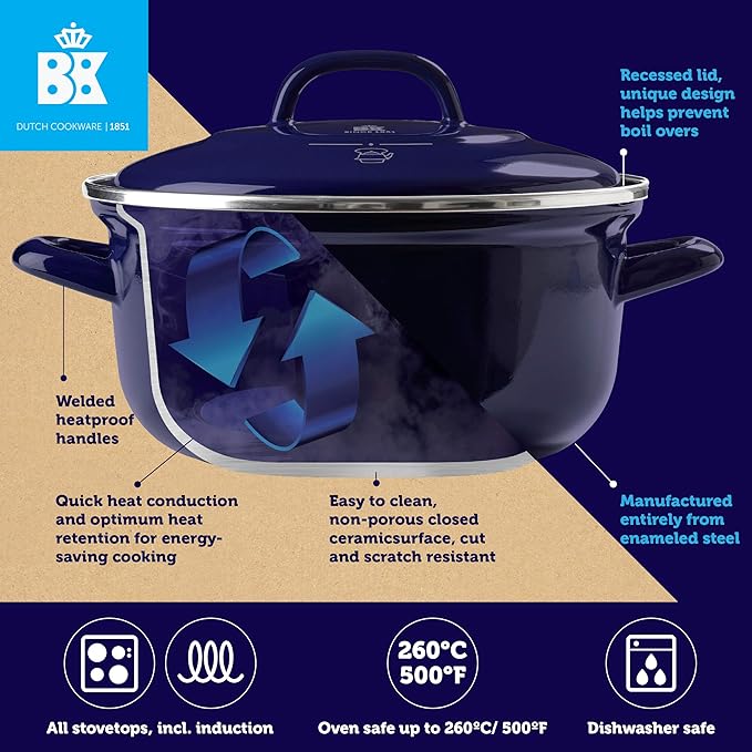 BK Indigo Aluminum Heavy-Gauge Carbon Steel, Induction, 5.5QT Nonstick Glaze Dutch Oven, Dishwasher Safe, Blue