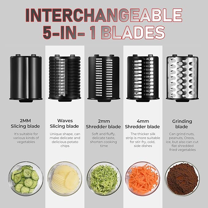 Silksway Gallery Electric Cheese Grater, 250W Salad Maker with 5 Stainless Steel Blades, Slicer Shredder for Cheeses, Vegetables & Fruits, One-Touch Operation, Easy to Clean, Cheese Shredder Machine