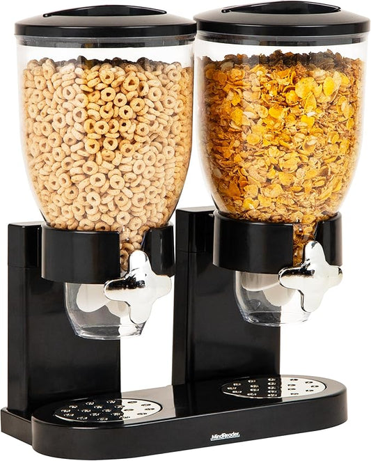 Mind Reader Double Cereal Dispenser for Countertop, 2 x 2L Airtight Containers, Rotating Dry Food Dispenser for Cereal, Rice, Candy, Coffee Beans, Black