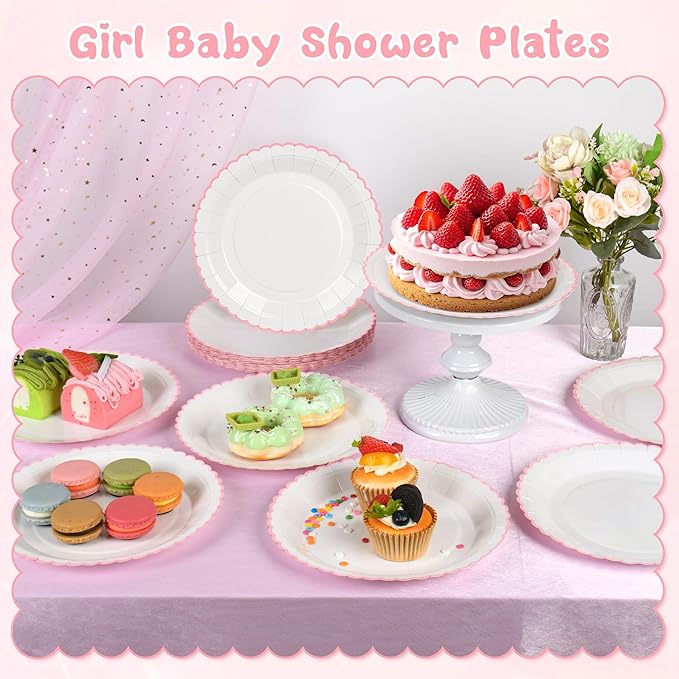 30 Pcs Pink and White Paper Plates, 9 Inch White Party Plates, Pink Scalloped Dinner Paper Plates Wedding Plates Party Supplies for Baby Girl Shower, Wedding, Mother's Day, Birthday, Easter Party