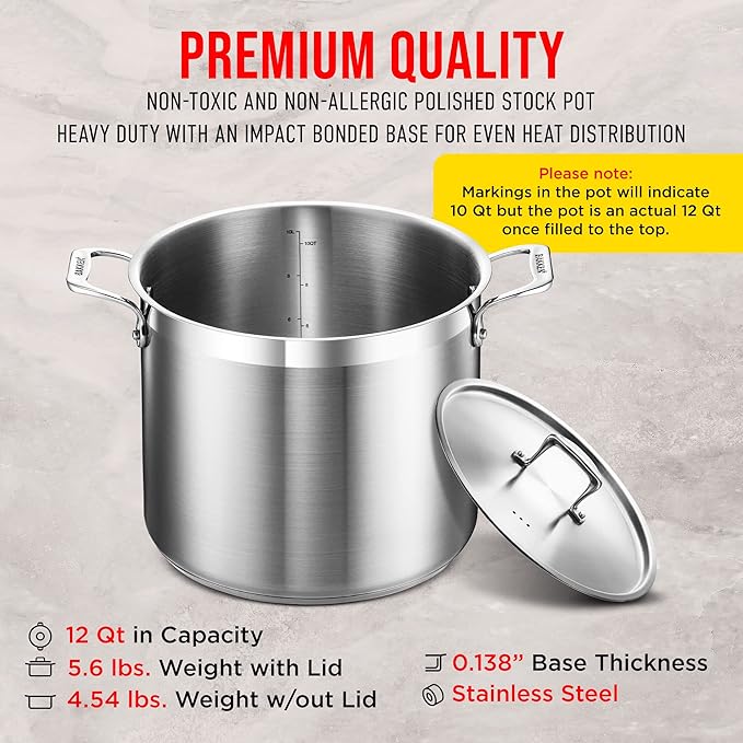 Stainless Steel Stockpot with Lid 12 Quart, Durable 18/8 Stainless Steel, Impact-Bonded Base for Even Heating, Riveted Handles, Oven & All Stove Compatible, Safe Up To 500°F (260°C)