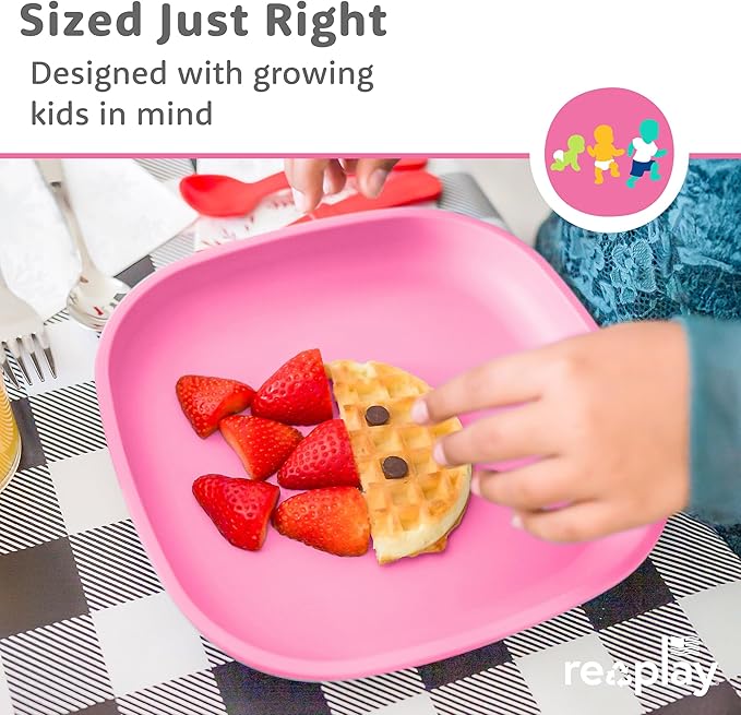 Re-Play Toddler Plates - 22 Oz. Deep-Walled Flat Kids Plates with 1 Lid - Dishwasher & Microwave Safe - Made in USA - Set of 3-7.37" x 7.37" x 1.25" - Princess