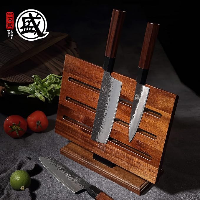 MITSUMOTO SAKARI Double Sided Magnetic Knife Block - 12.5" Acacia Wood Holder for Countertop, Heavy Duty Magnets Stands Holds Chef Knives, Sleek & Secure Storage