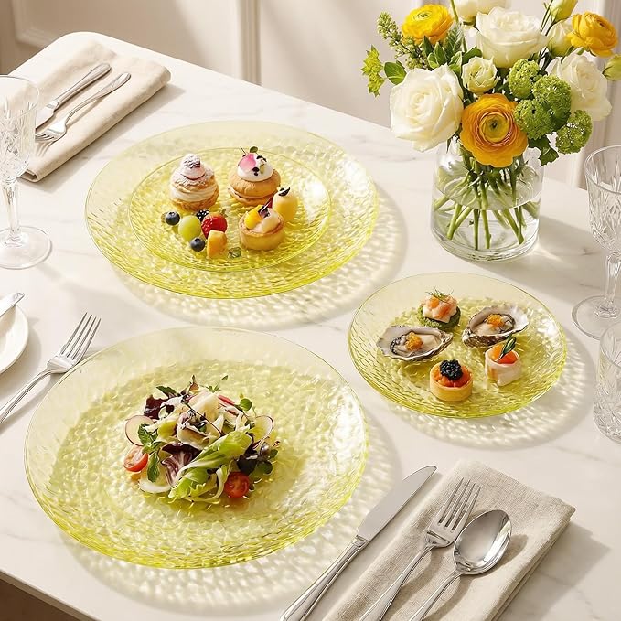 Rubtlamp 60 Pcs Yellow Plastic Plates, Hammered Heavy Duty Disposable Plates, Fancy Party Platos Include 30 Yellow Dinner Plate,30 Disposable Dessert Plate for Easter Daily Reception