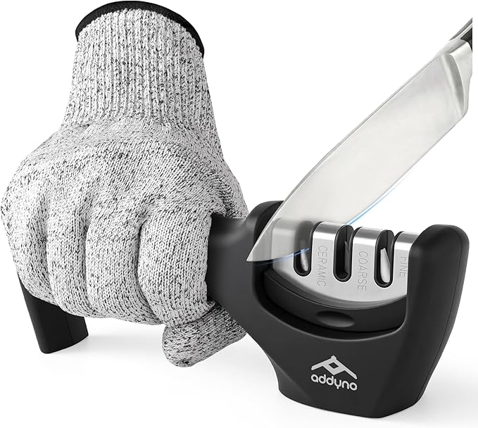 Knife Sharpener with Angle Guide, Adjustable Edge,3-Stage Coarse–Sharpen–Fine, Non-Slip Base & Ergonomic Handle for Kitchen Knives
