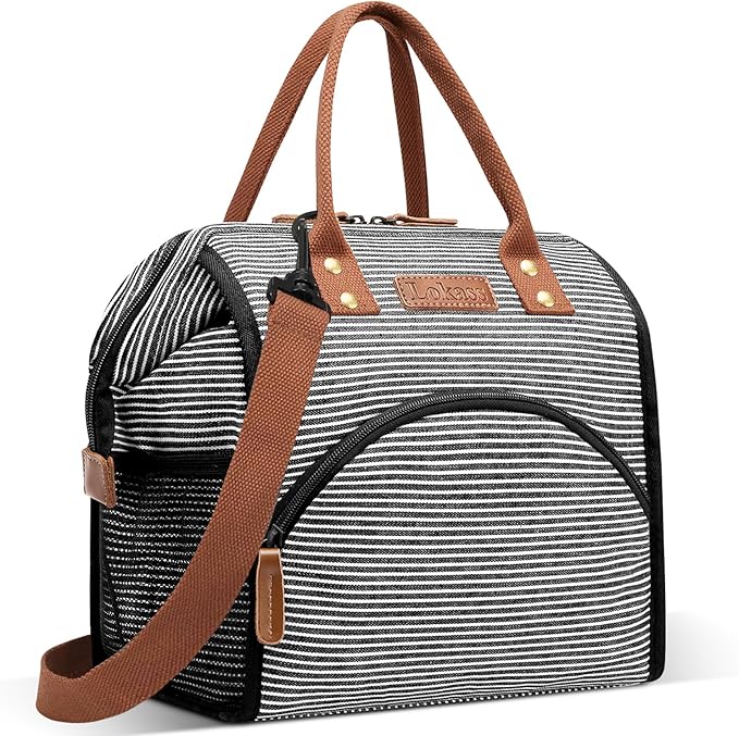 LOKASS Lunch Bag Insulated Lunch Box Wide-Open Lunch Tote Bag with Removable Shoulder Strap for Women/Men Adults Work Picnic Hiking Beach Fishing(Stripes)
