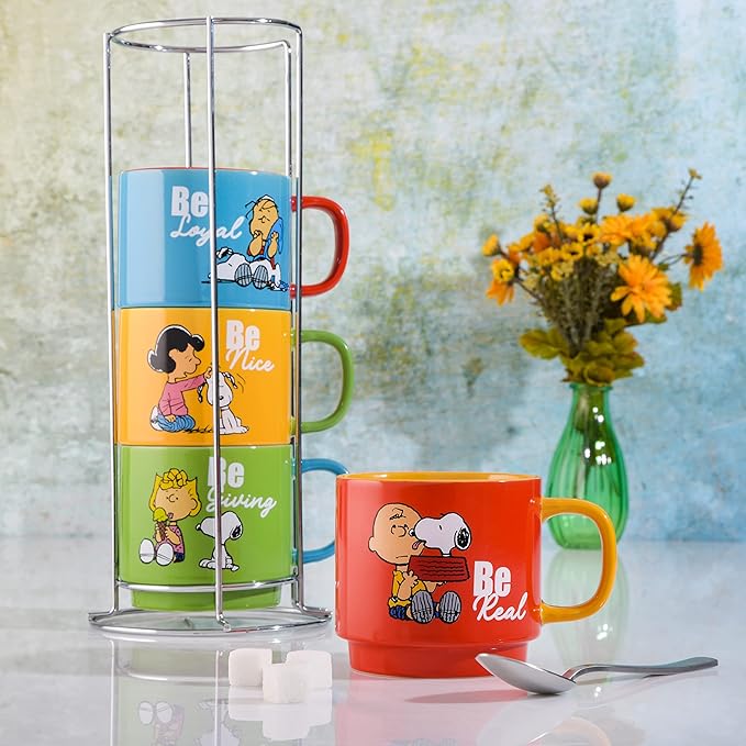 Peanuts Snoopy Gentle Reminders 15oz Stackable Mugs w/Metal Rack, Stoneware, 4-Pack, Assorted Colors