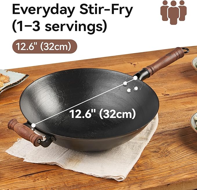 WANGYUANJI 12.6” Cast Iron Wok with Glass Lid – Traditional Round Bottom Chinese Wok for Gas Stove & Open Flame (Wok Ring Required) – Uncoated Clay-Mold “Turtle Shell” Texture – Seasoning Needed