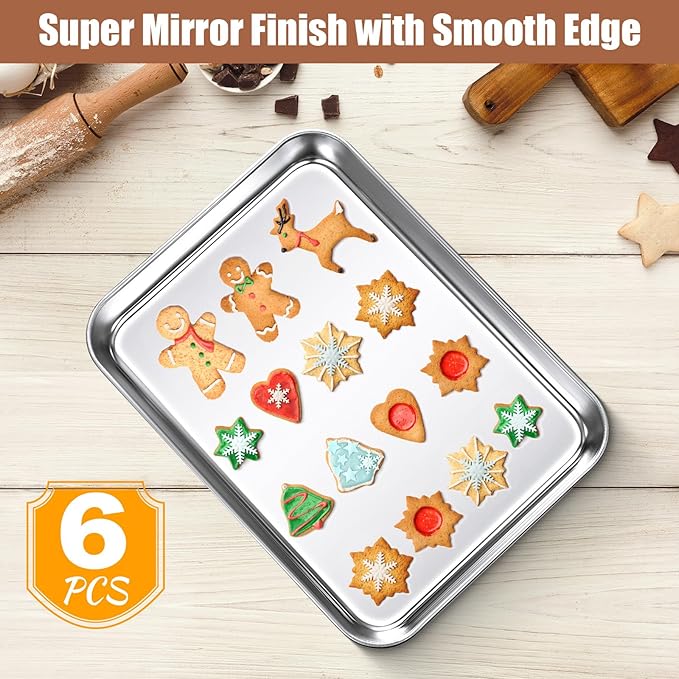 6 Pcs Baking Sheet Pan Set Stainless Steel Cookie Sheet Small Toaster Oven Pans Tray Barbecue Grill Pan Rectangle Trays Oven Freezer Bakery, Non-stick, Easy Clean, 9 x 6.7 x 1 Inches