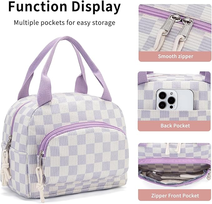 Lunch Bag Women Lunch Box for Women Adult Cute Insulated Lunch Bag Small Cooler Lunch Tote Bags for Work Picnic Travel(Beige-Purple Plaid)