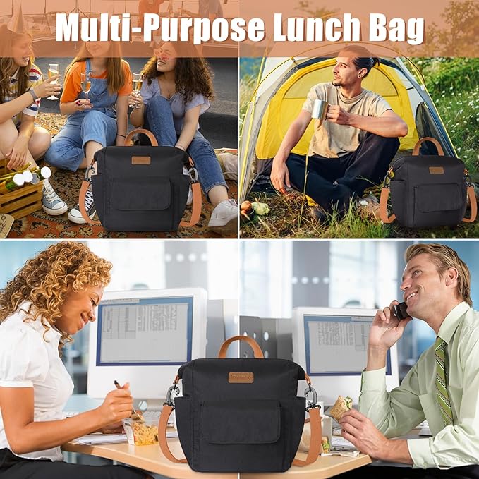 Joymee Lunch Bag Women Insulated Lunch Box Reusable Leakproof Large Spacious Cooler Tote for Women Men Adult with Bottle Holder and Side Pockets for Work Office Travel Picnic -08 Black