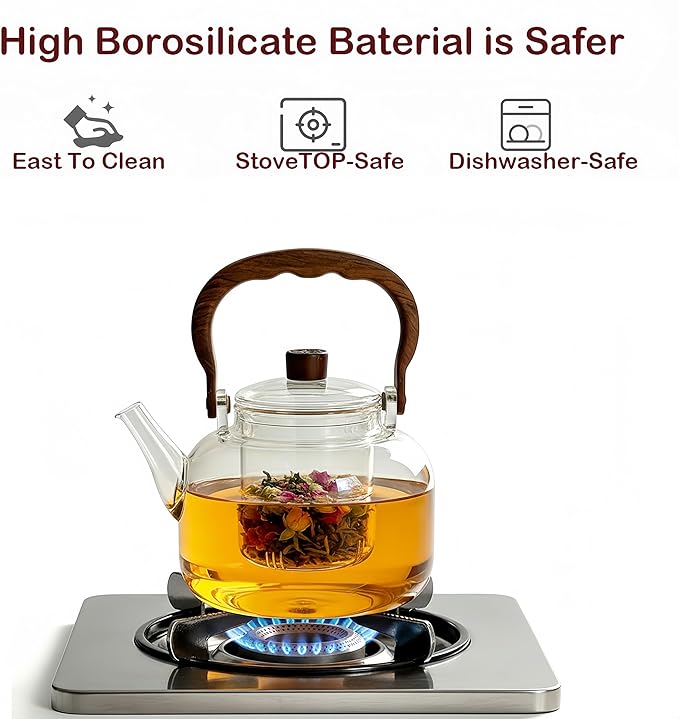 Glass Teapot with Infuser, 34oz Stovetop Safe Glass Tea Kettle for Loose Leaf Tea, 1000ml Borosilicate Clear Tea Pot for Blooming Tea, Heat Resistant Teapots with Removable Strainer