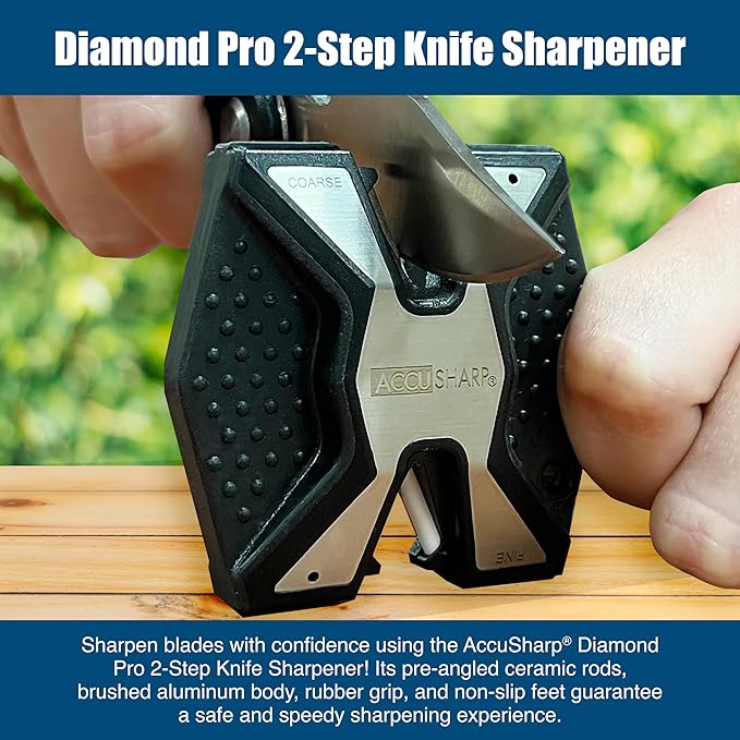AccuSharp Diamond Pro 2-Step Knife Sharpener, Restores, Hones & Sharpens Blade’s Edge, 2-Step Coarse & Fine Rods for Kitchen Knives & All Types of Blades, Compact & Portable Knife Keychain Tool, Black