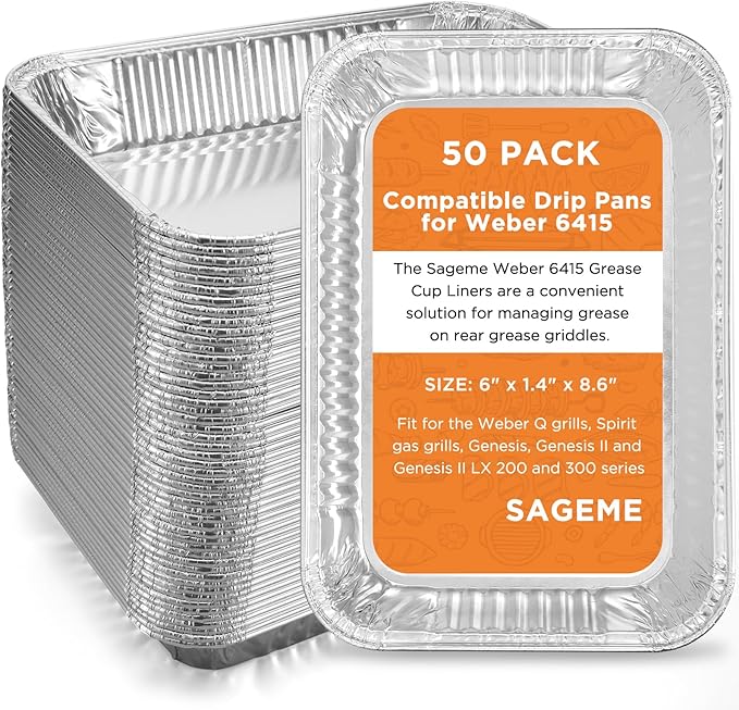 50 Pack Weber Grills Compatible Drip Pans 6415 for Weber Grills Spirit Gas Grills, Q Grills, Genesis and Genesis II LX 200 300 Series Disposable Aluminum Foil Grease Trays 6 x 1.4 x 8.6 Inches