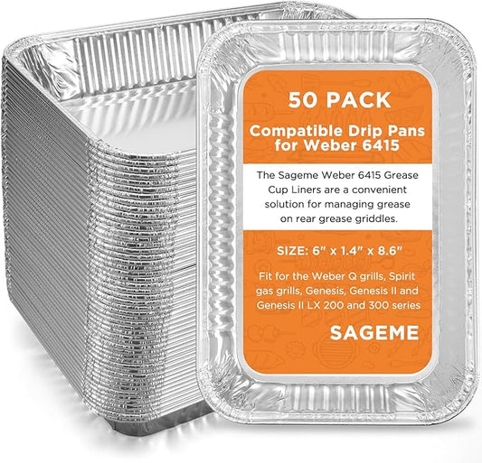 50 Pack Weber Grills Compatible Drip Pans 6415 for Weber Grills Spirit Gas Grills, Q Grills, Genesis and Genesis II LX 200 300 Series Disposable Aluminum Foil Grease Trays 6 x 1.4 x 8.6 Inches