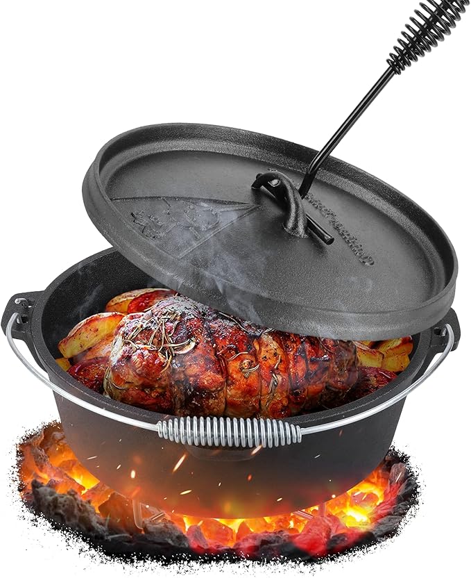 LIFERUN Dutch Oven Pot with Lid, 6.2 Quart Cast Iron Dutch Oven, without Feet, with Stand & Spiral-shaped Handle, Cast Iron Pot for Outdoor & Indoor