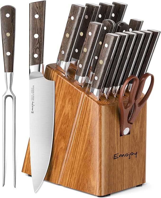 Knife Set，Emojoy 16-Piece Kitchen Knife Set with Block, Knife Block Set with Kitchen Shears and Sharpener, High Carbon German Steel(Natural Wenge)