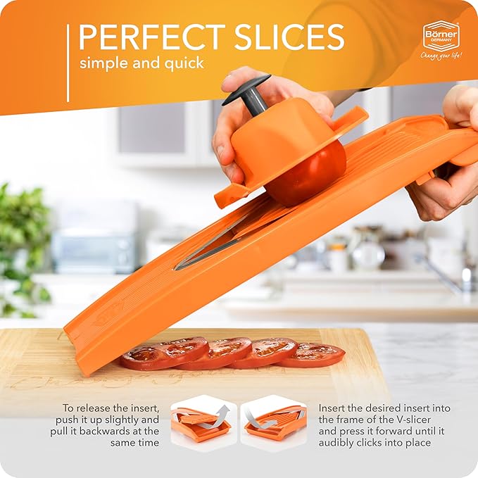 Borner Mandoline Food Slicer V1 (Basic Set) by Reston Lloyd • V-Slicer with Food Holder • Made in Germany • Fruit & Vegetable Chopper • Multiple Settings • Color: Orange