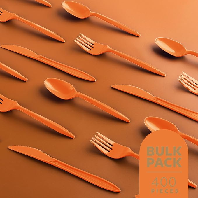 PLASTICPRO 400 Pack Disposable Plastic Utensils Assorted Colored Cutlery Combo Set Forks Spoons Knives Silverware, Orange Plastic Cutlery for Parties