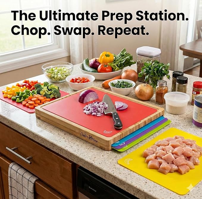 Cooler Kitchen Cutting Boards for Kitchen - Checkered Bamboo Cutting Board Set with 6 Color-Coded Flexible Chopping Mats, Easy Clean Wood and Dishwasher-Safe Plastic, Large 17x12, Knife-Friendly