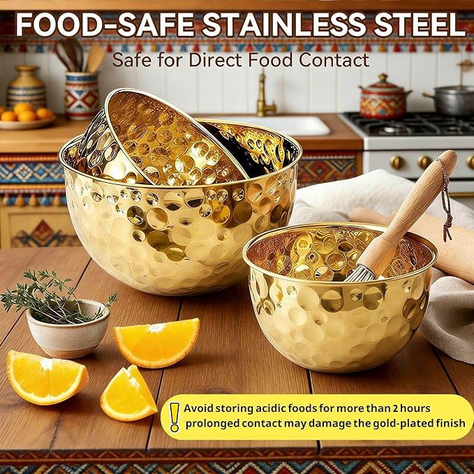 Gold Mixing Bowls Hammered Mixing Bowl Set, Stainless Steel Golden Finish Decorative Serving Bowls for Kitchen, 3 Piece Salad Bowl for Prepping Cooking Baking Serving Gold Serving Bowls for Home Decor