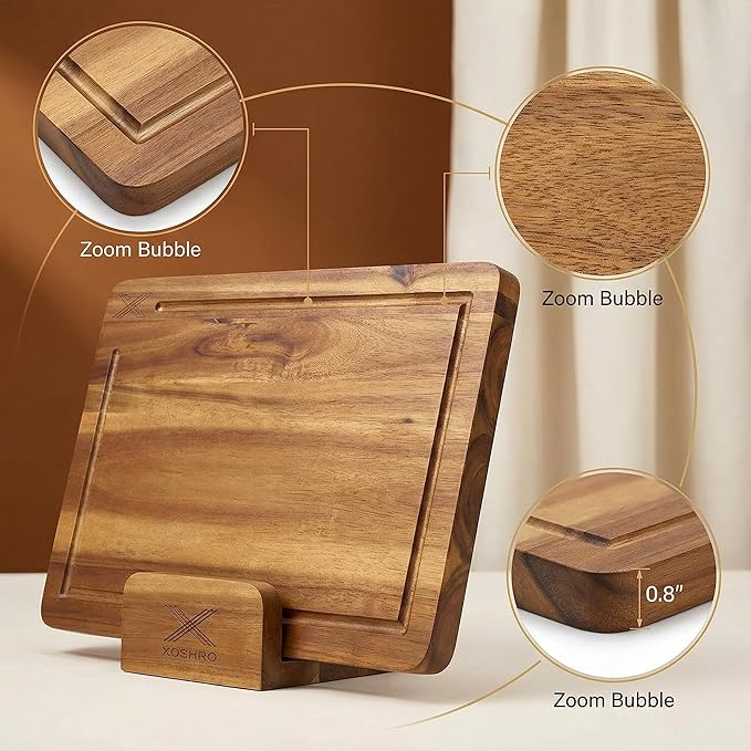 Acacia Wood Cutting Board Set of 3 with Stand - Thick Wooden Chopping Boards with Deep Juice Grooves - Non-Slip & Durable Wooden Boards for Meat & Vegetables (16x12, 14x10, 12x8) - Natural