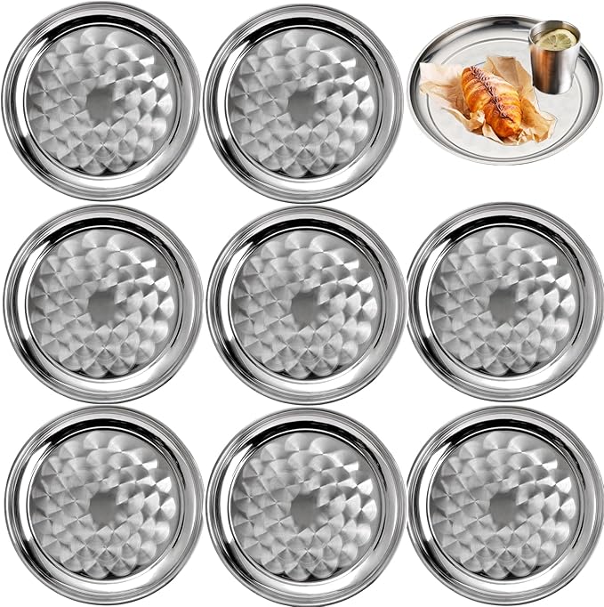 8 Pack Stainless Steel Round Serving Tray, 12 Inch Silver Oven Baking Tray, Dishwasher Safe Sturdy Metal Display Tray for Coffee Table, Bar, Party, Club, Home, Ottoman