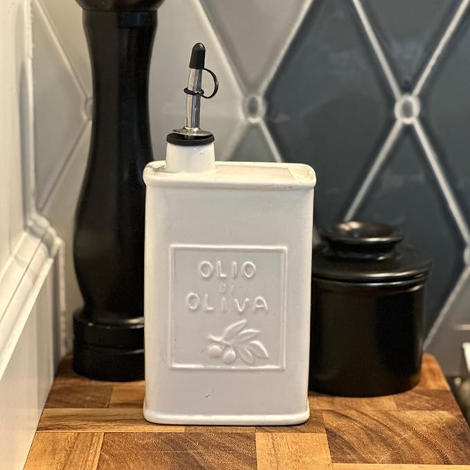 Fox Run White Ceramic Oil Can, 17 oz/500 ML Olive Oil Dispenser With Pouring Spout and Cap