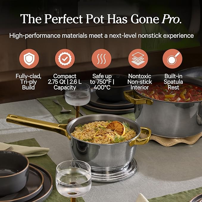 Our Place Mini Titanium Perfect Pot Pro | 2.75 Qt Cooking Pot with Lid & Silicone Spoon | PFAS-Free Nonstick, Fully-Clad Tri-Ply Stainless Steel & Aluminum | Induction & Oven-Safe up to 750°F | Gold