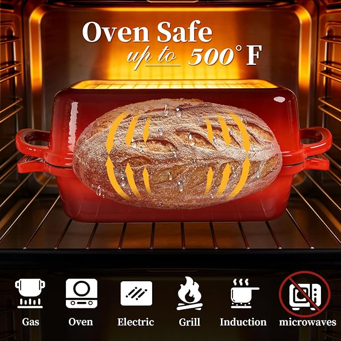 FUNKYLEE Enameled Cast Iron Bread Pan with Lid, 2-in-1 Loaf Pan for Baking Bread 9x5, Professional Sourdough Bread Pan for Homemade Bread, Set of 2, Red