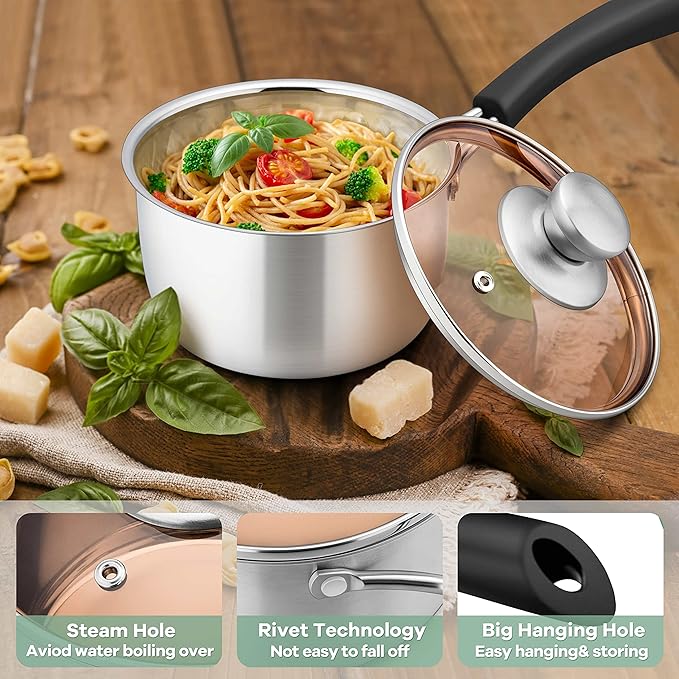 Herogo 1 Quart Saucepan with Lid, 18/10 Stainless Steel Small Sauce Pan Pot, 1Qt Saucepan for Gas Electric Stove Top Camping, Healthy & Rust Free