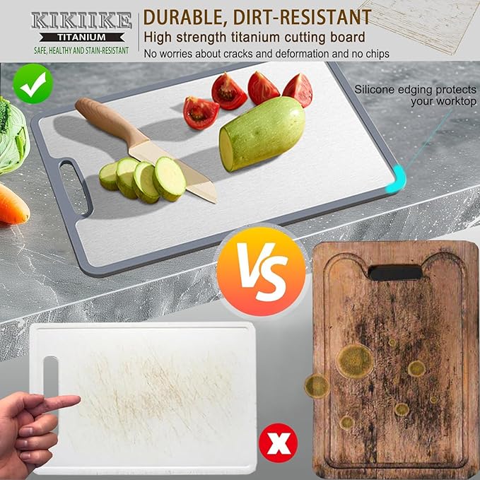 Titanium Cutting Board Double-sided non-slip silicone edging Pure Titanium Cutting Boards for Kitchen - Double-Sided Food-Grade Chopping Board Non-Stick Durable and easy to clean (Large)