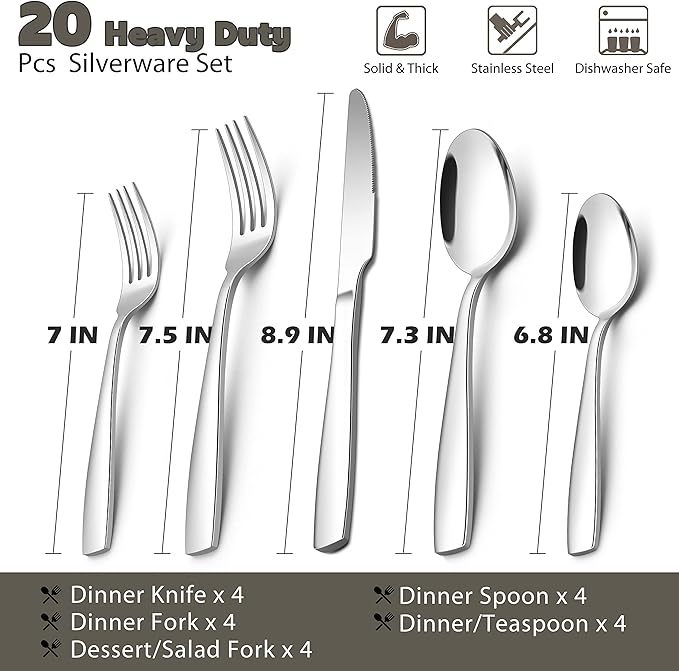 20-Piece Heavy Duty Silverware Set for 4, E-far Stainless Steel Flatware Cutlery Set, Thick Metal Tableware Eating Utensils Include Forks Spoons Knives, Square Edge & Mirror Polished, Dishwasher Safe