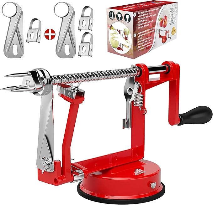 Apple Peeler Slicer Corer - (Extra 2 Blades & 1 Corer) 3 in 1 Kitchen Peeling Machine for Vegetables and Fruits, Stainless Steel Adjustable Blade, Anti Slip Suction Base
