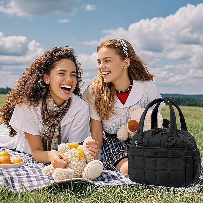 LEDAOU Lunch Box for Women Lunch bag Quilted Puffer Lunch Box with Adjustable Strap Insulated Reusable Lunch Tote for Work School Picnic Travel