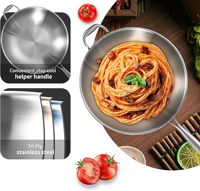 LOLYKITCH 14.5 Inch Stir-Frying Wok Pan with Steel Lid, Tri-Ply Stainless Steel Induction Cooking Wok Pan,Dishwasher and Oven Safe,Heavy Duty and Detachable Handle.