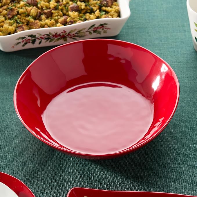 Berry Red Christmas Stoneware Serving Bowl – Festive Holiday Pasta Salad Bowl for Christmas Entertaining, Mix and Match with Holly and Vines, Dishwasher & Microwave Safe