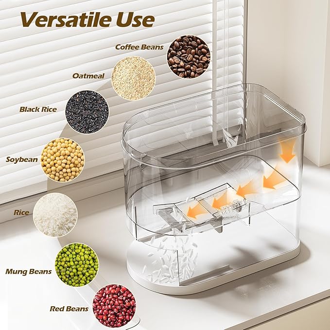 Rice Dispenser 22-25 Lbs Rice Storage Container with Measuring Cup Moisture Proof, Large Cereal Dry Food Storage, Household Airtight Food Dispenser Bucket for Kitchen Pantry Organization