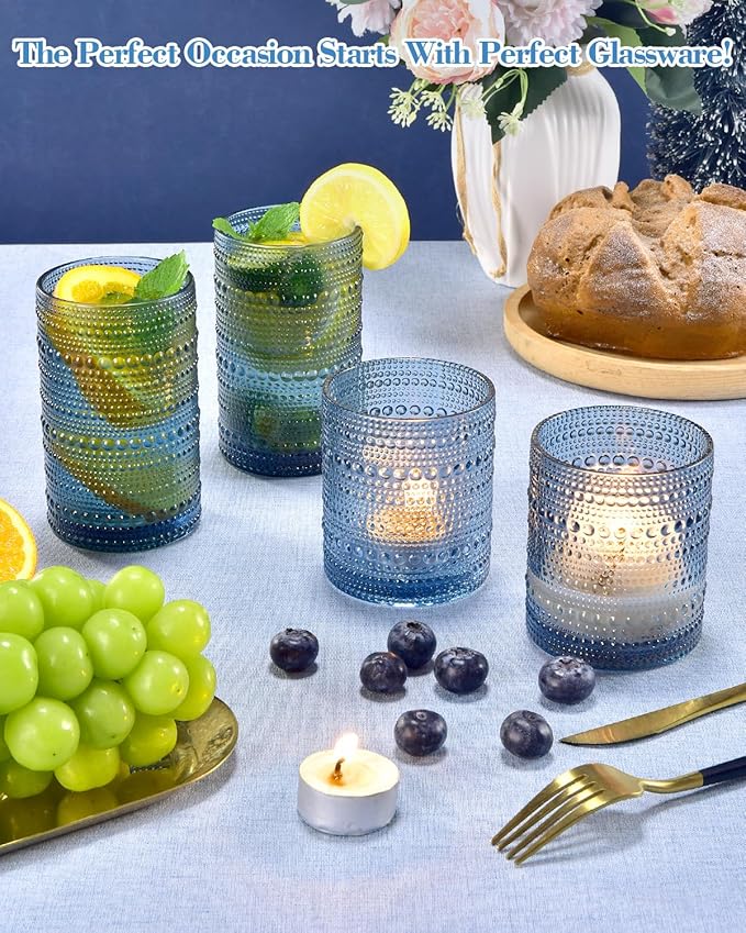 Hobnail Drinking Glasses Set of 8, Blue Vintage Glassware 14 oz and 12 oz, Glass Cups, Cups for Kitchen, Bar Glasses for Beer, Juice, Cocktail, Whiskey, Milk