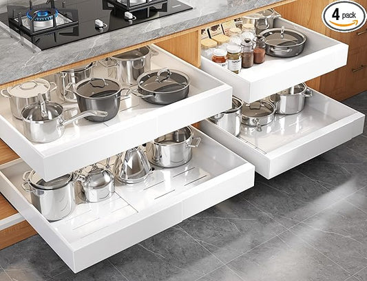 4 Pack Expandable (15.1"-26.3") Pull Out Cabinet Organizer 21" Deep With Raising Pad for Framed Cabinets,Upgrade 3 Slide Rails Slide Out Drawers,No Drill Roll Out Shelves Adhesive,White