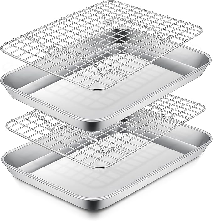 P&P CHEF 9 Inch Toaster Oven Pan with Rack Set, Stainless Steel Baking Pan Tray and Grid Cooling Rack for Cooking/Roasting, Dishwasher Safe & Easy to Clean, Non-toxic & Sturdy, (4Pcs)