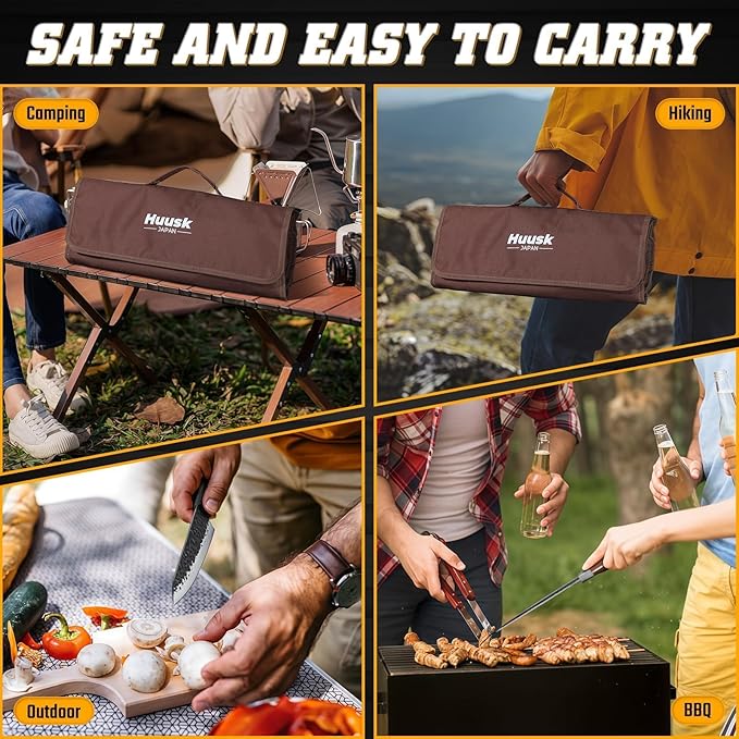Huusk Butcher Knife Set - Hand Forged Meat Cleaver & Boning Viking Knives & Chef Utility Knives, Japanese Chef Knife Set with Bag for Camping, BBQ, Christmas Gifts for Men Women