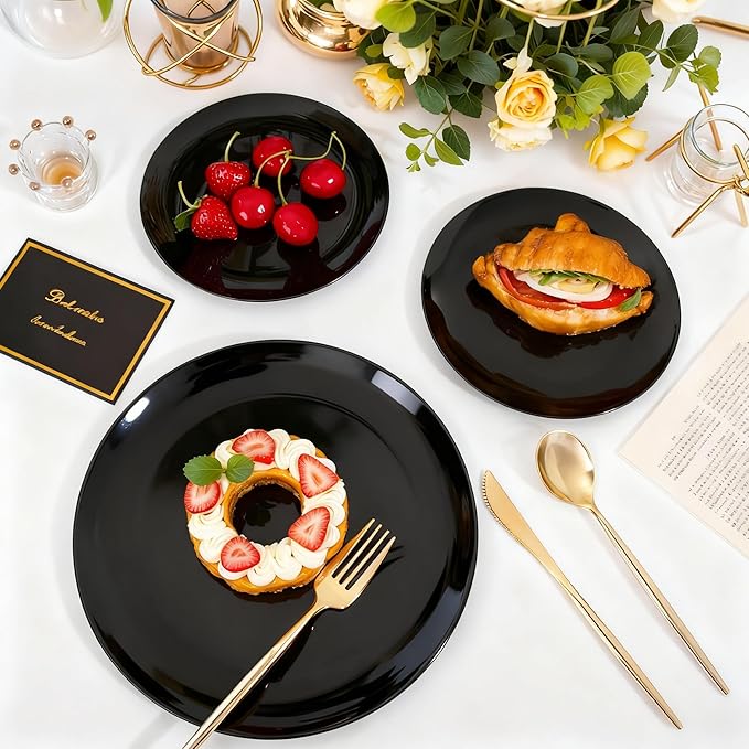 I00000 200 PCS Black Plastic Plates for 100 Guests Include: 10.25 inch 100 Pieces Dinner Plate and 7.5 inch 100 Pieces Dessert Plate, Premium Plastic Plates Perfect for Birthday, Wedding & Party