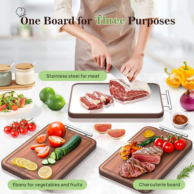 Stainless Steel Cutting Board Wood Double Sided Chopping Cutting Boards for Kitchen - 2 in 1 Ebony Metal with Handle Scratch Resistant Raw Meat Vegetable Fruit Cooking Gift(Large17.7"L x 11.6"W)
