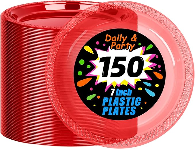 WELLIFE Neon Red Party Plates 7 Inch -150 Count, Translucent Red Plastic Disposable Dessert Plates for New YearFluorescent Neon Theme Party Cake Salad Appetizers Easter Mother's Day