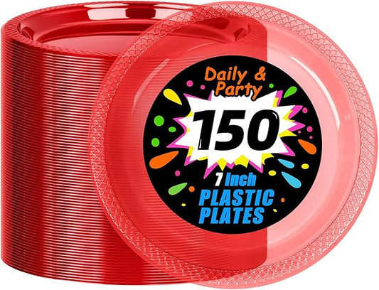 WELLIFE Neon Red Party Plates 7 Inch -150 Count, Translucent Red Plastic Disposable Dessert Plates for New YearFluorescent Neon Theme Party Cake Salad Appetizers Easter Mother's Day