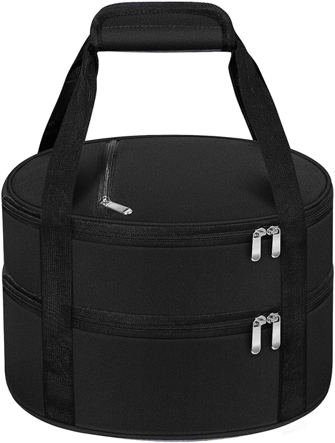 Round Double Insulated Casserole Carrier, Pie Carrier Bag, Portable Casserole Carrier for Hot or Cold Food Lunch Tote, Lunch Bag for Parties Picnic, Fits 12.5" Baking Dish, Black