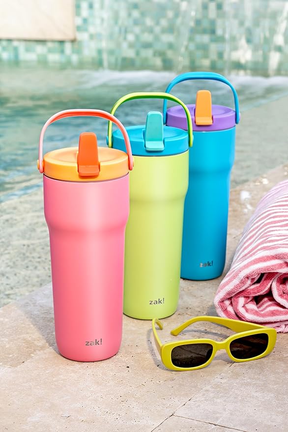 Zak Designs Sutton Travel Tumbler for On the Go, 30oz Stainless Steel with Vacuum Insulation, Straw Spout, Carry Handle for Cold Drinks (So Sweet Pink)