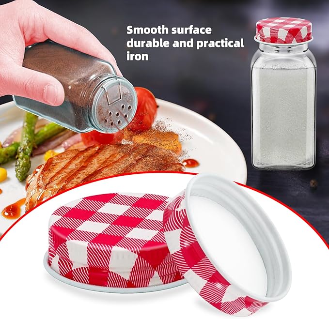 48 Pcs iron Jar Lids Lids for 4 oz and 6 oz Square Spice Jars Reusable Can Airtight Spice Storage Canning Lids for Nice Sealing Kitchen (Red grid)