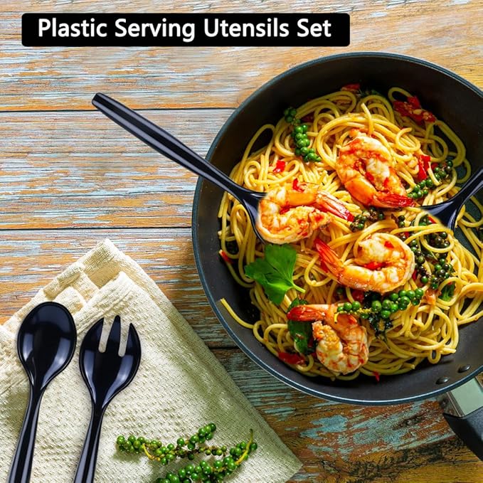 20Pcs Black Plastic Serving Spoons and Forks 10'' Large Serving Utensils Heavy Duty Disposable Spoon for Catering Supplies Buffet Restaurant Party, Weddings, Salad Noodles